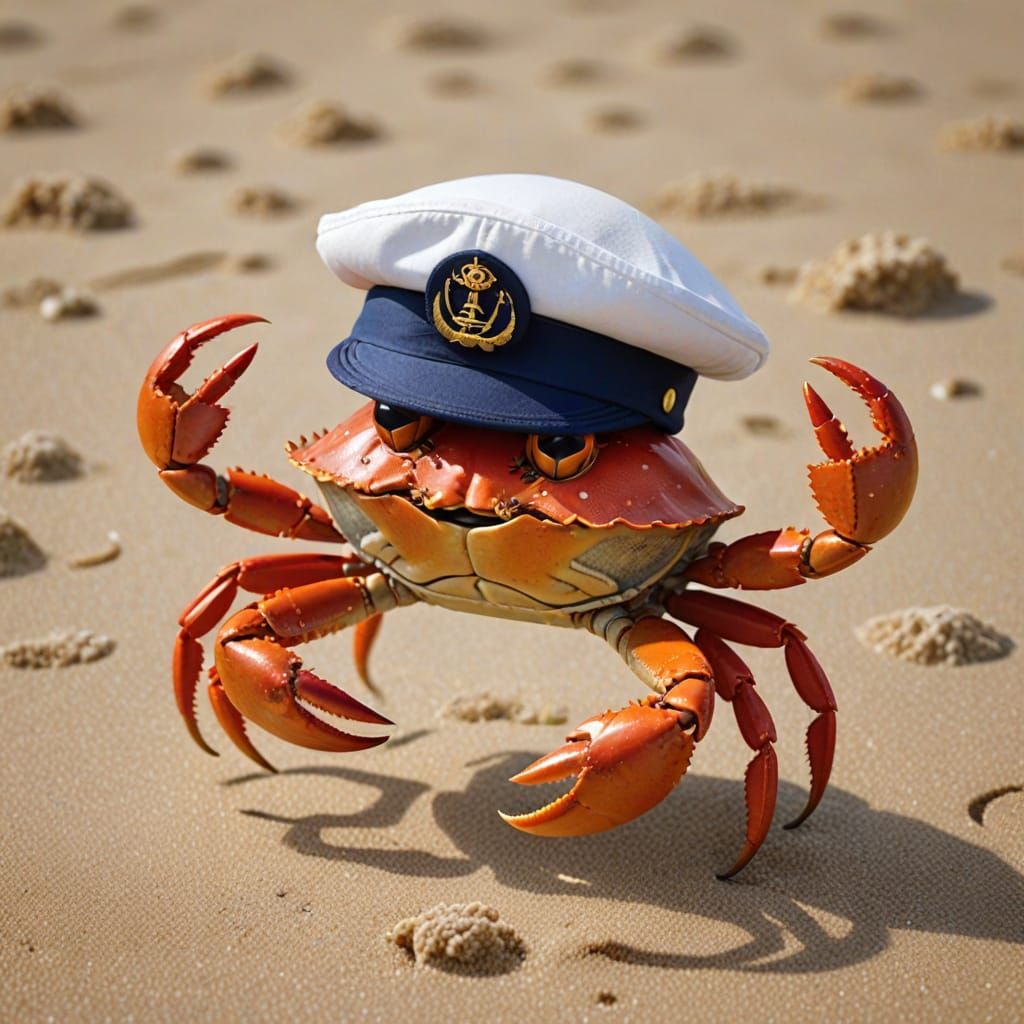 Dancing Crab in Sailor Hat on Sandy Beach