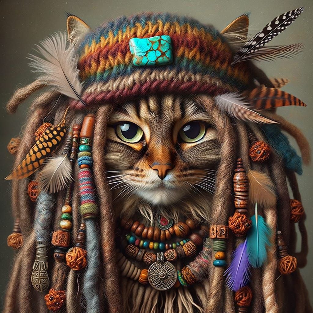 Whimsical Rasta Cat with Mona Lisa Smile