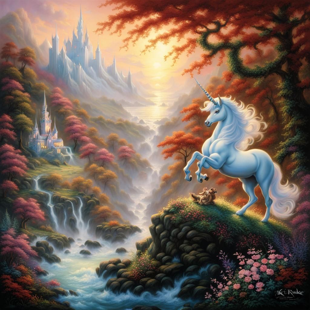 Ethereal Unicorn in Misty Fantasy Landscape