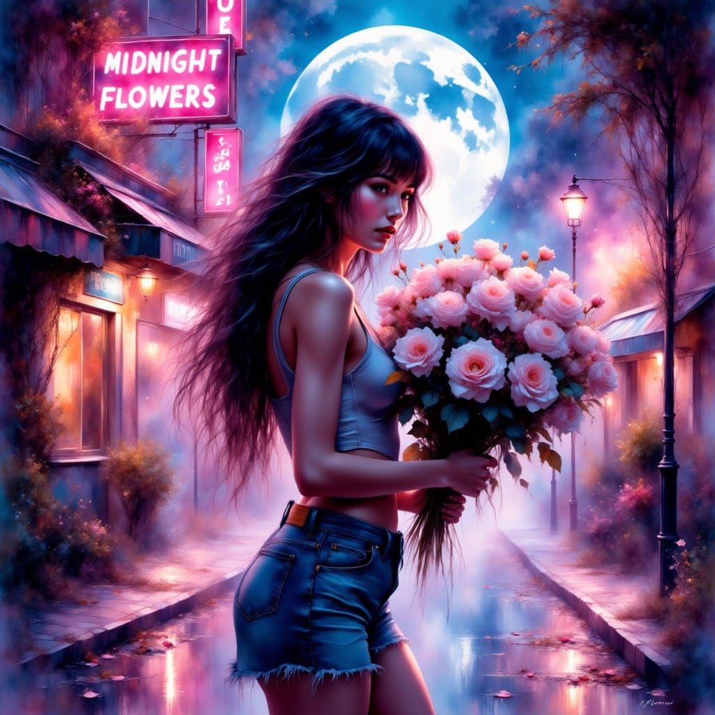 Synthwave Woman with Roses in Neon City