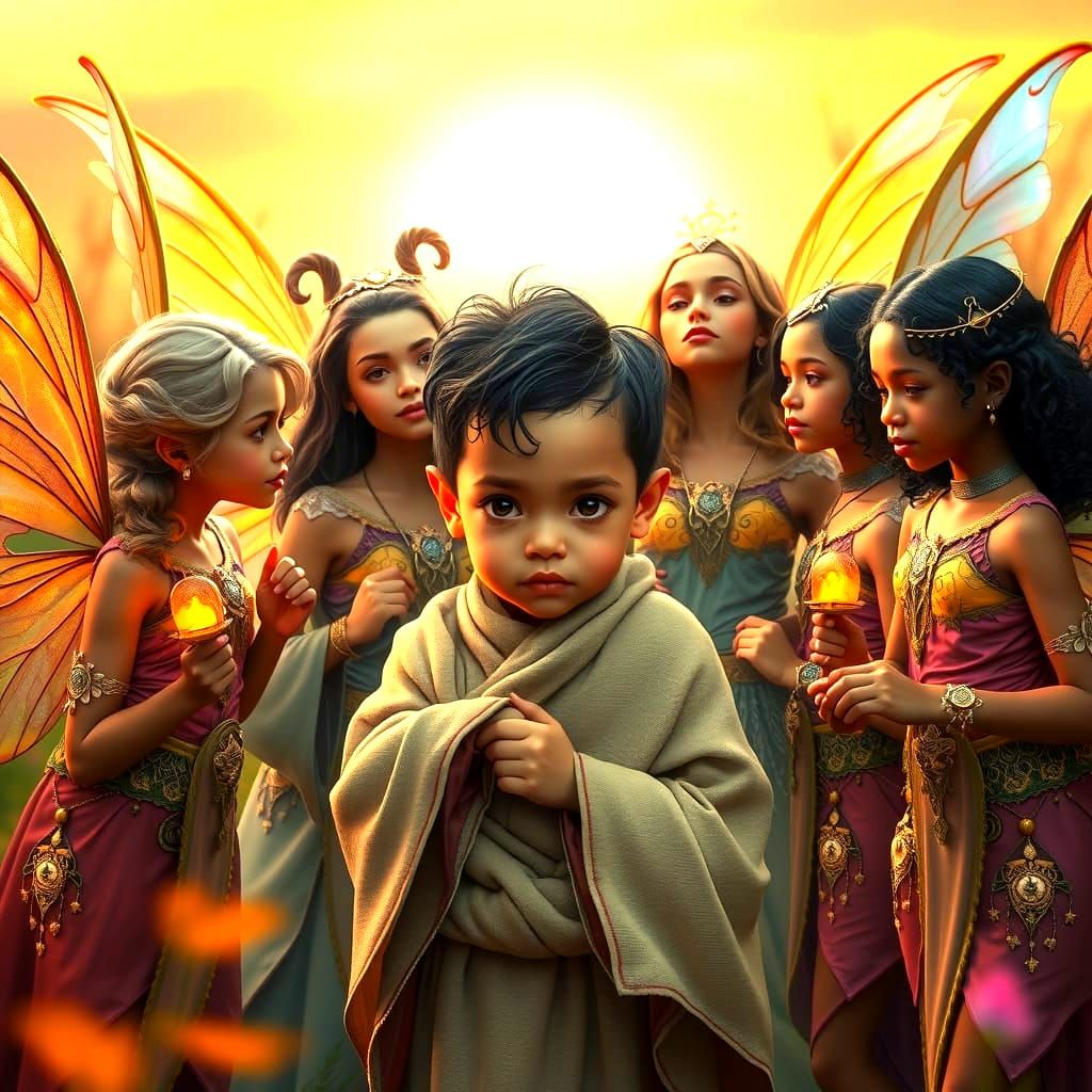 Fairies Guide Lost Child Home: Artgerm and Mucha Style