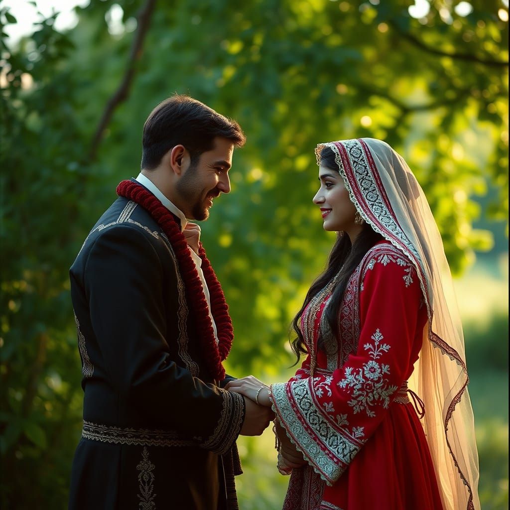 Romantic Gypsy Couple Exchanging Vows in Vibrant Greenery