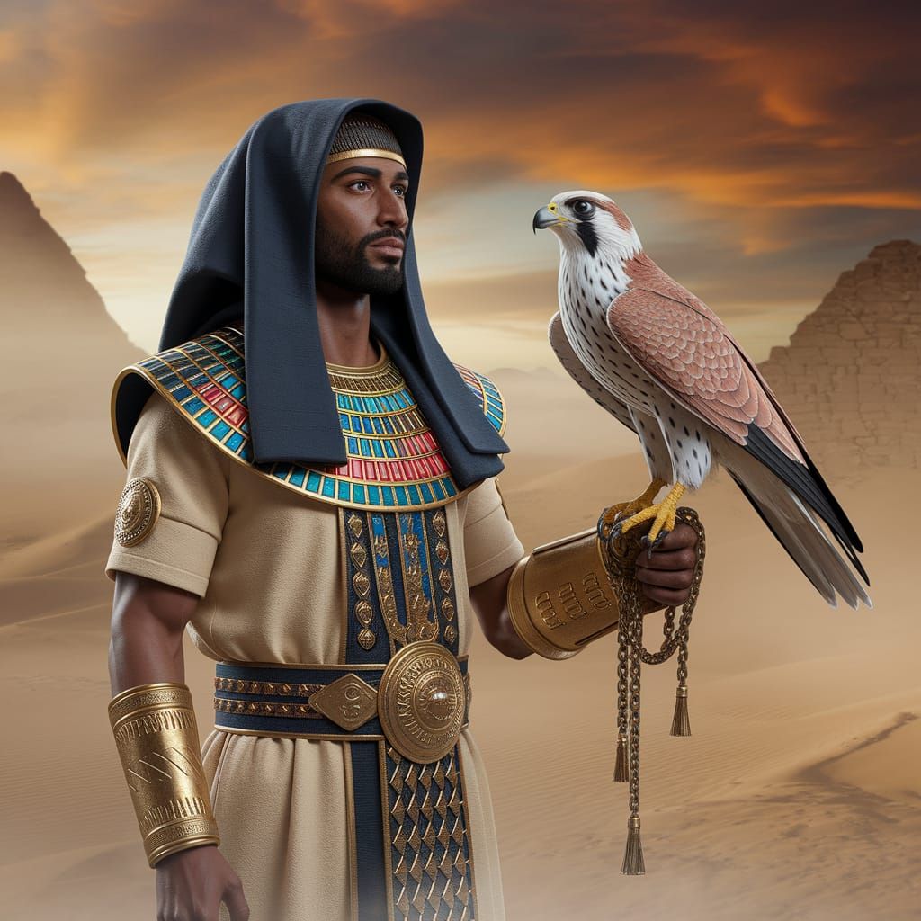 Bayek of Siwa and Falcon in Misty Ancient Egypt