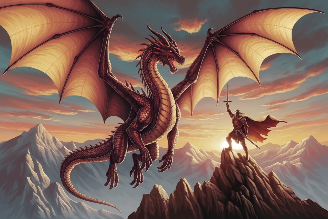 Majestic Dragon Soars Above Mountain Range in Triumphant Glo...