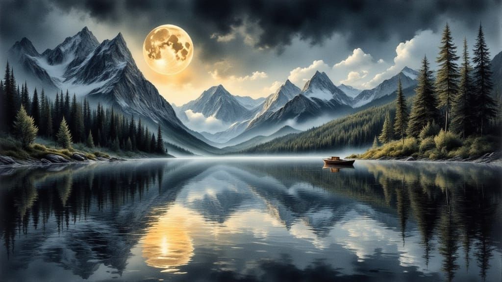 Hyperrealistic Moonlit Lake and Mountains in Ink