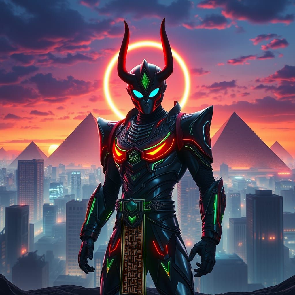 Heroic Figure in Neon Egyptian Cityscape