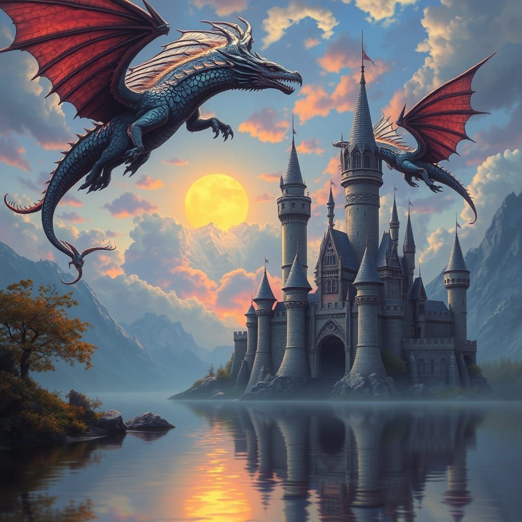 Majestic Fantasy Castle with Dragons in Sunset Serenity