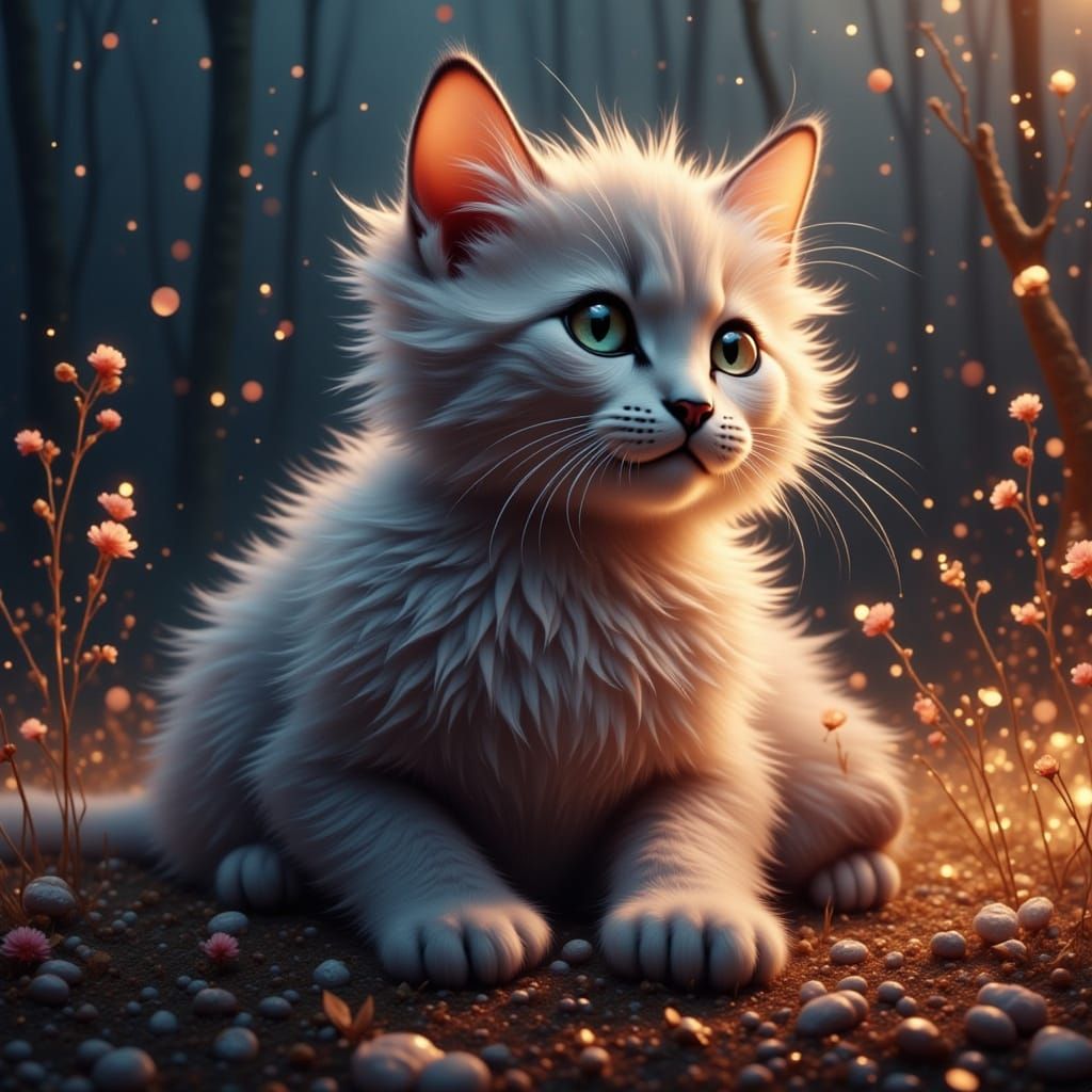 Cute Fluffy Cat Matte Painting with Glowing Light