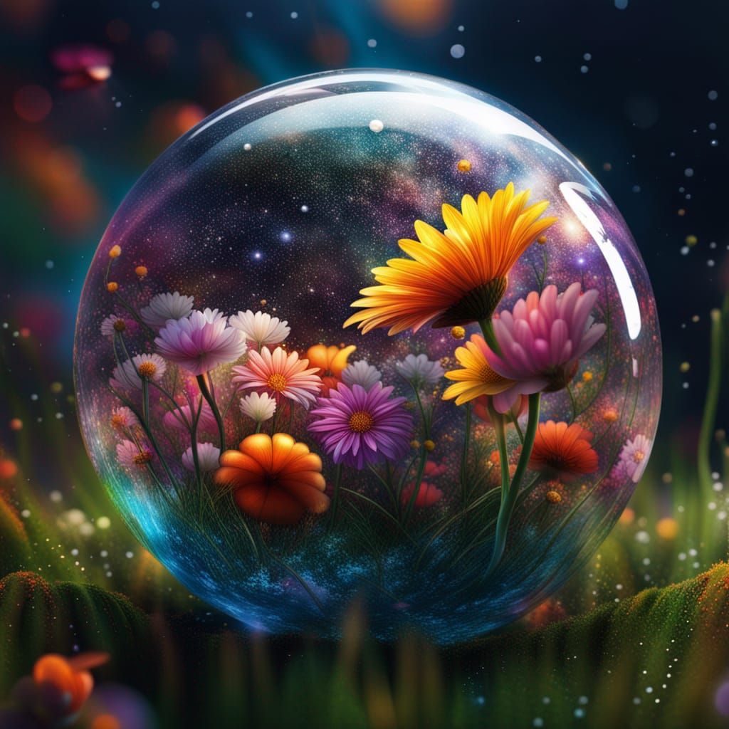 Glass Universe Sphere in Flower Field: Hyperrealistic Art