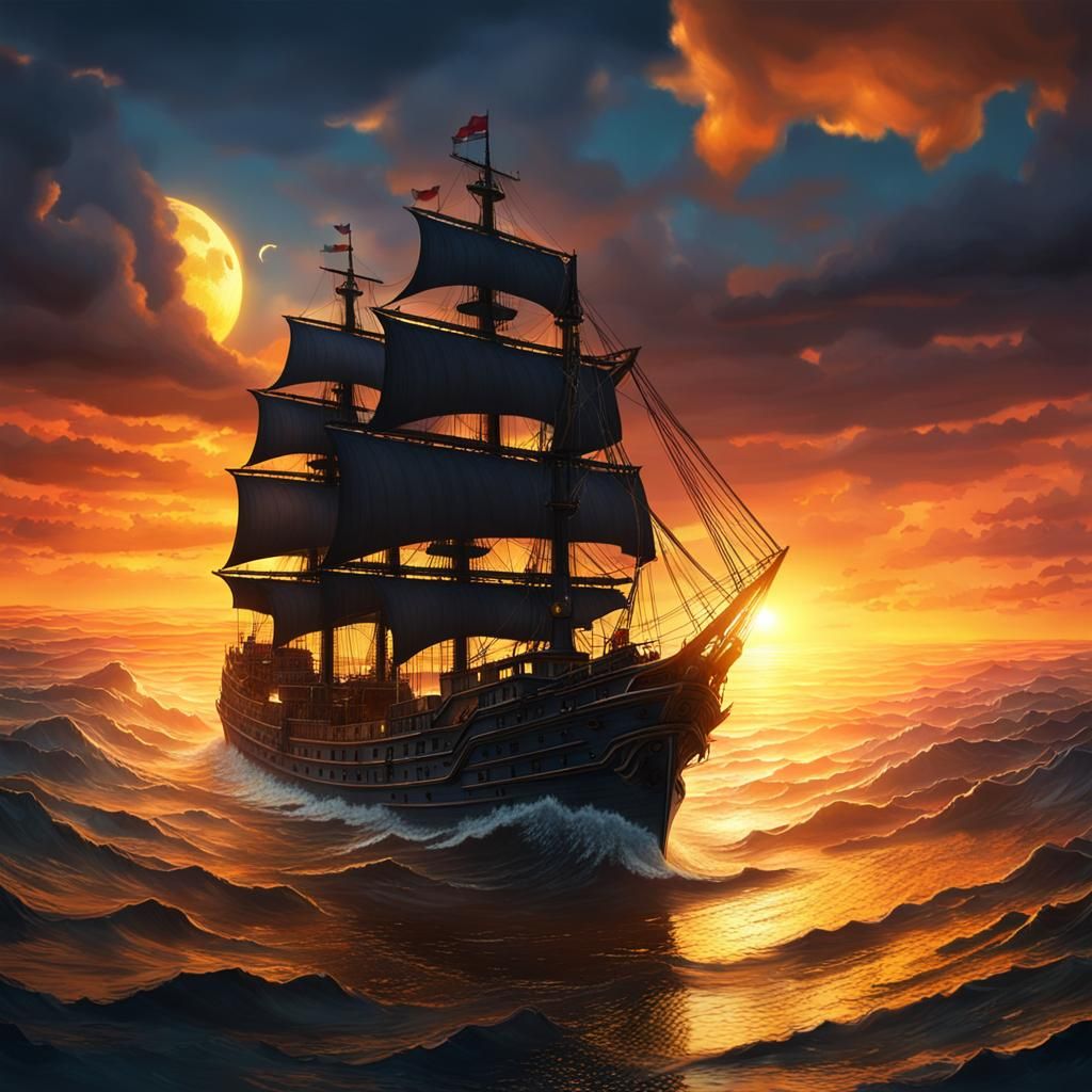 Dramatic Ship on Magical Ocean at Sunset