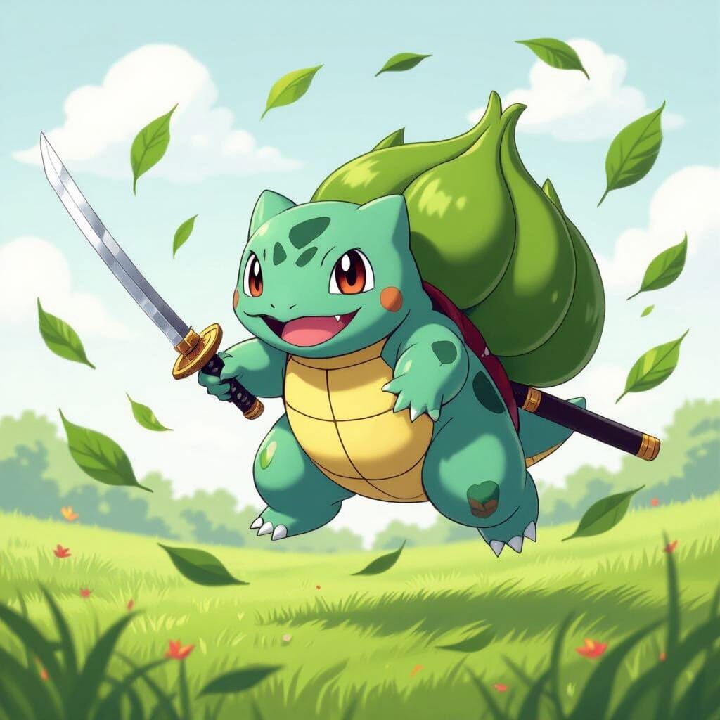 Samurai Bulbasaur in Flight: A Murakami-Inspired Scene