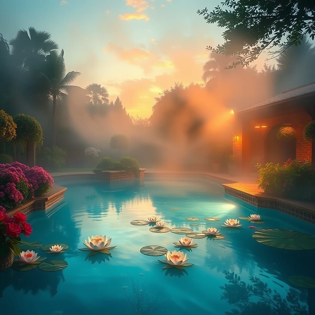 Dreamy Pool at Dusk in Kinkade Style