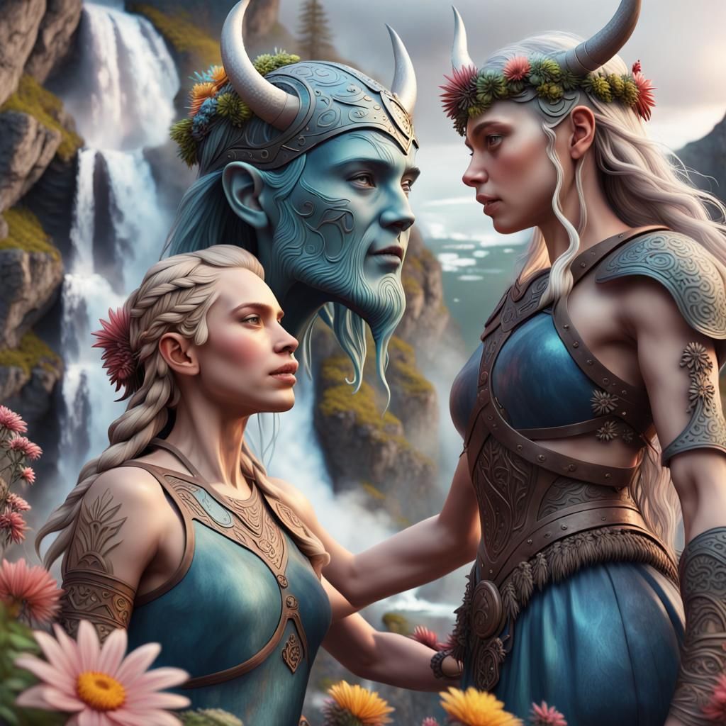 Futuristic Humanoid and Viking Woman Encounter