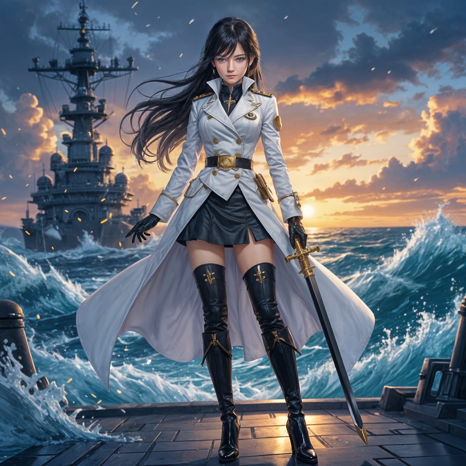 Anime Female Admiral in White Uniform with Sword
