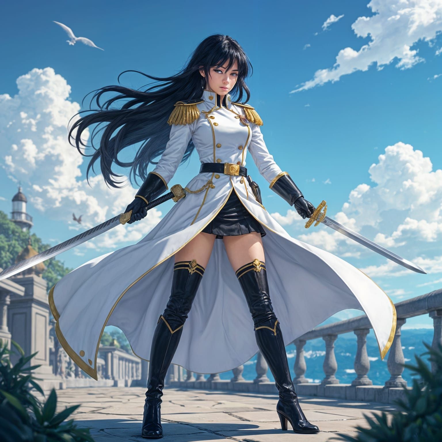 Anime Female Admiral with Sword in Navy Uniform