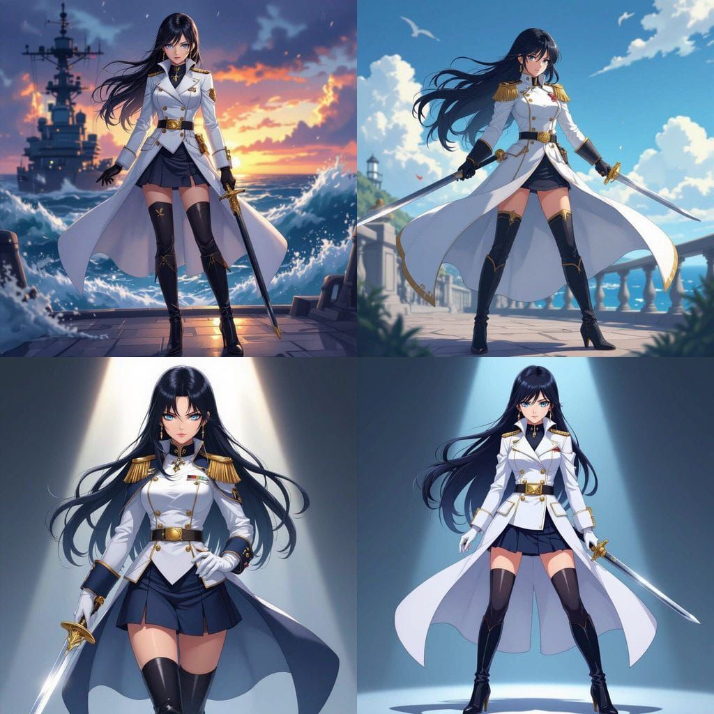 Anime Female Admiral in White Uniform with Sword