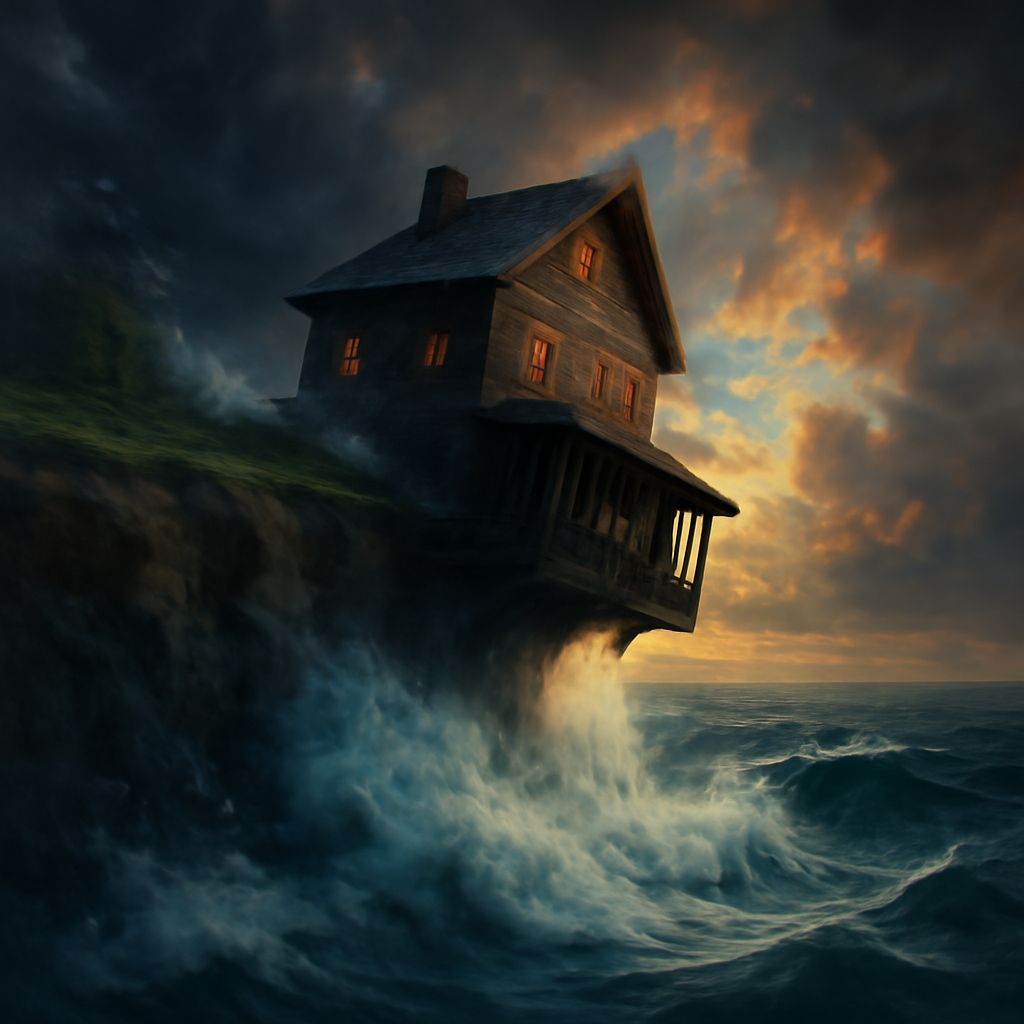 Hyperrealistic House Collapsing Into Stormy Ocean