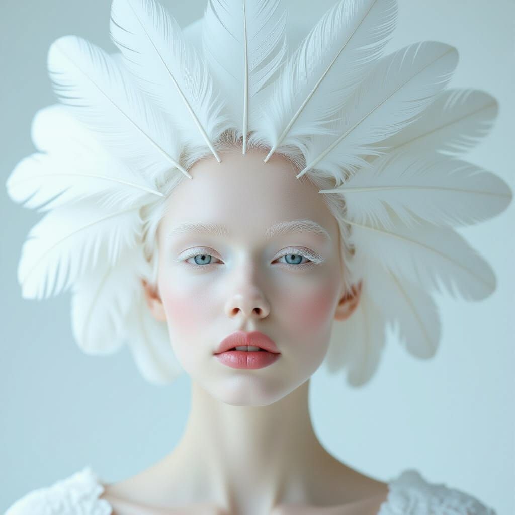Albino Model with Feathers, Hyperrealistic Portrait
