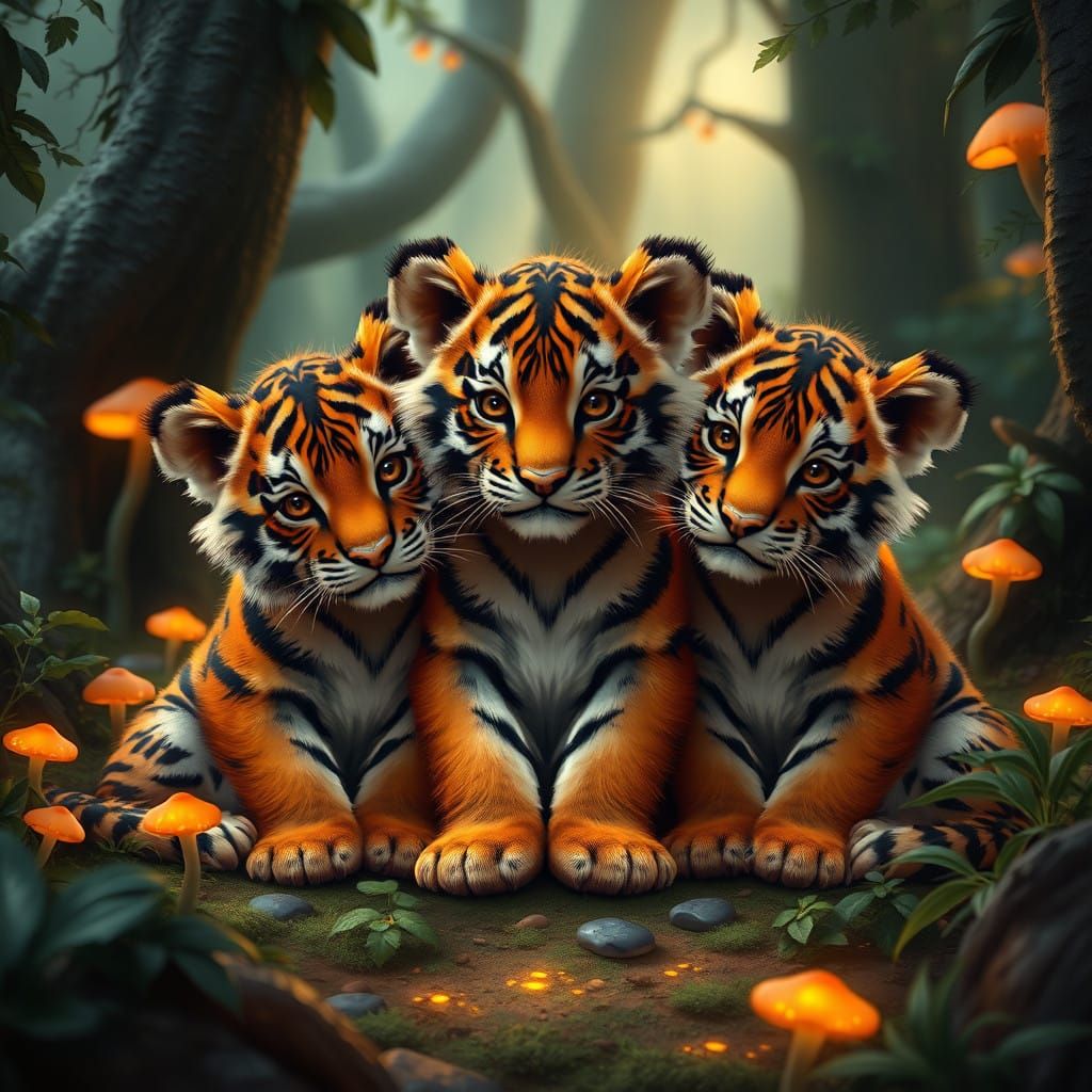 Whimsical Tiger Cubs in an Enchanted Forest, rendered in a D...