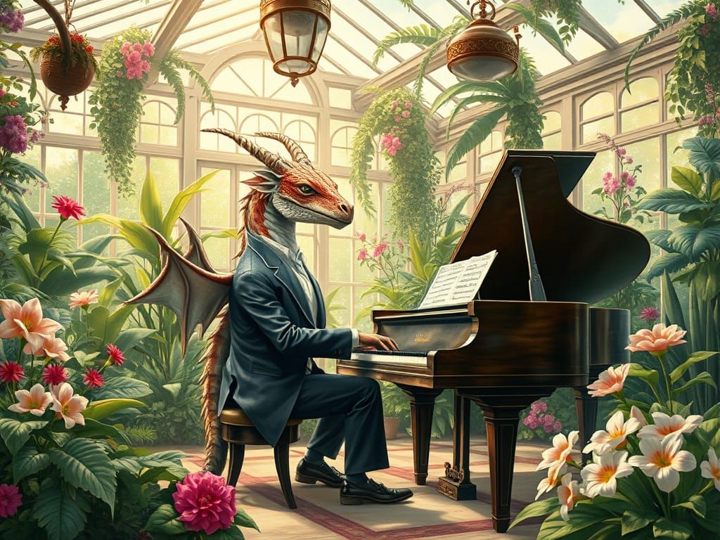 Dragon Pianist in Botanical Conservatory, Victorian Style