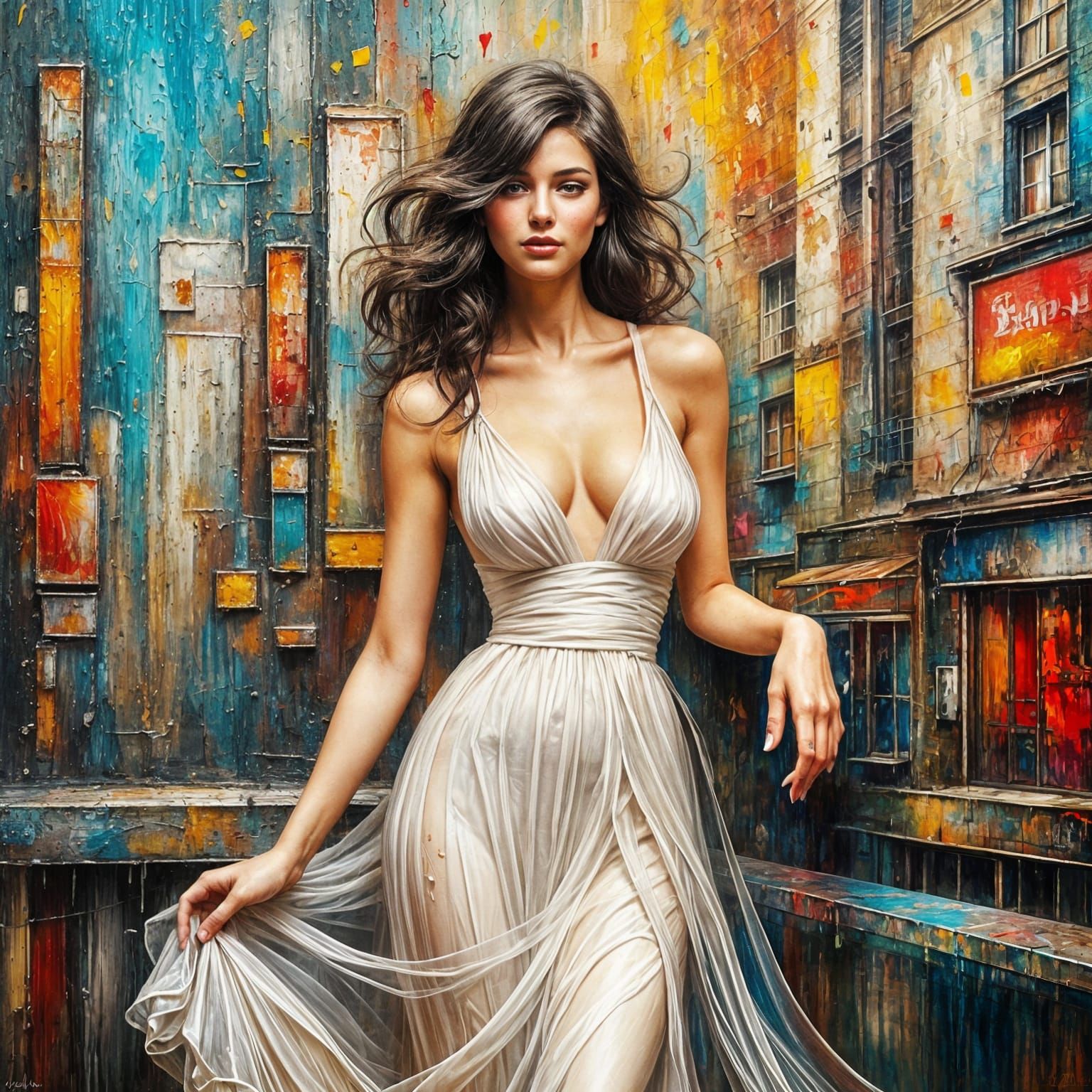 Brunette in Silk Gown: Graffiti Art Impression