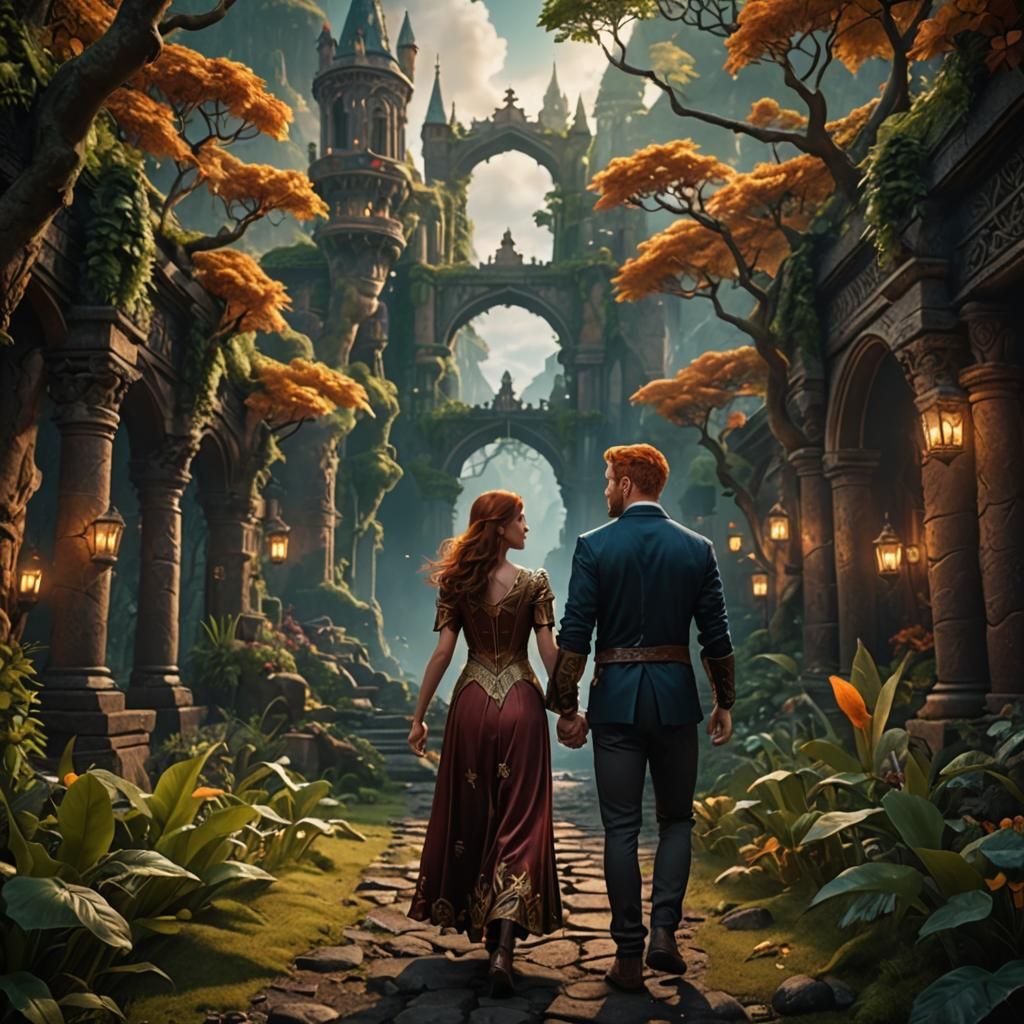 Fantasy Couple Holding Hands in Detailed Matte Painting