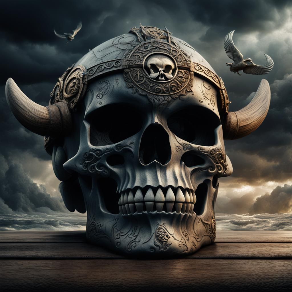 Viking Skull with Dark Clouds Digital Painting