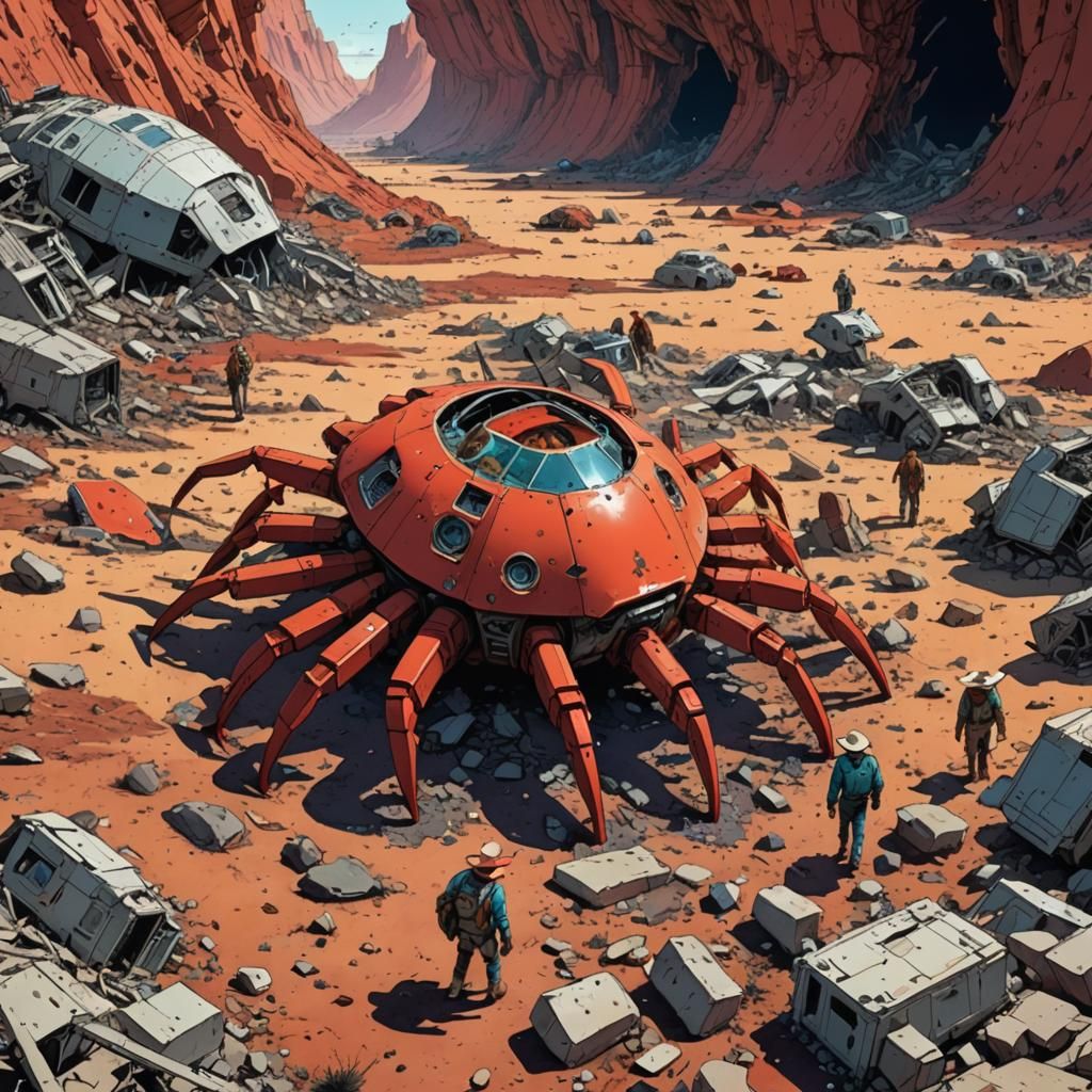 Cowboys Investigate Crab Spaceship Crash: Moebius Style