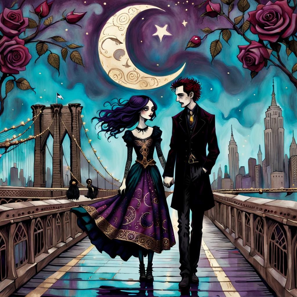 Gothic Couple on Brooklyn Bridge in Burtonesque Style