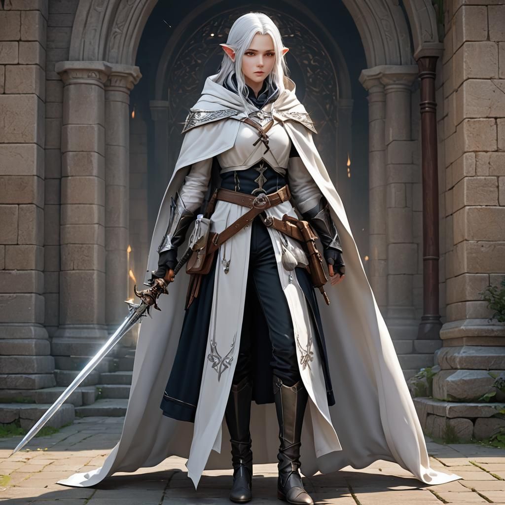 Half-Elf Cleric with Longsword in Anime Style