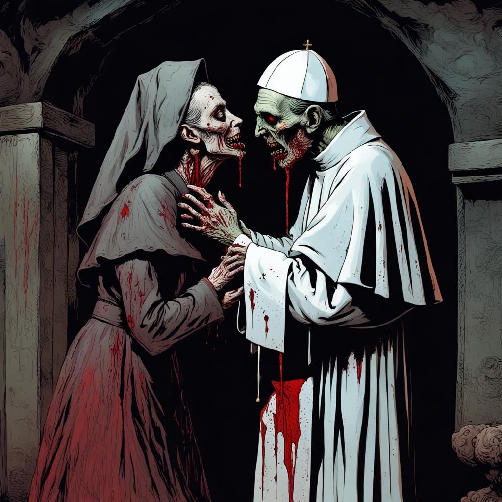 Zombie Pope's Kiss: Creepy Horror Illustration