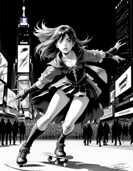 Witch Skateboarding Through Times Square: Comic Illustration
