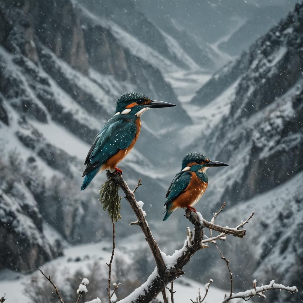 Cinematic Kingfisher in Snow Mountain Landscape