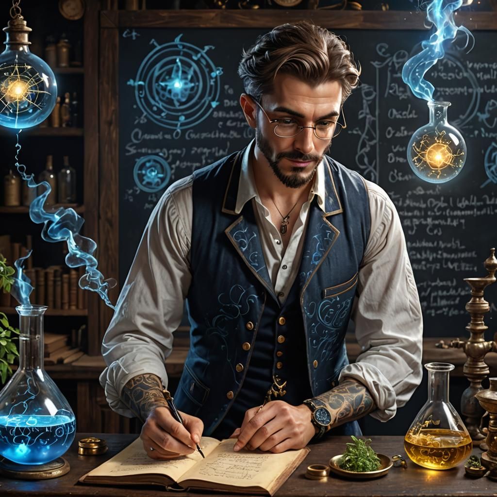 Alchemist Recording Experimental Notes in Stormy Lab