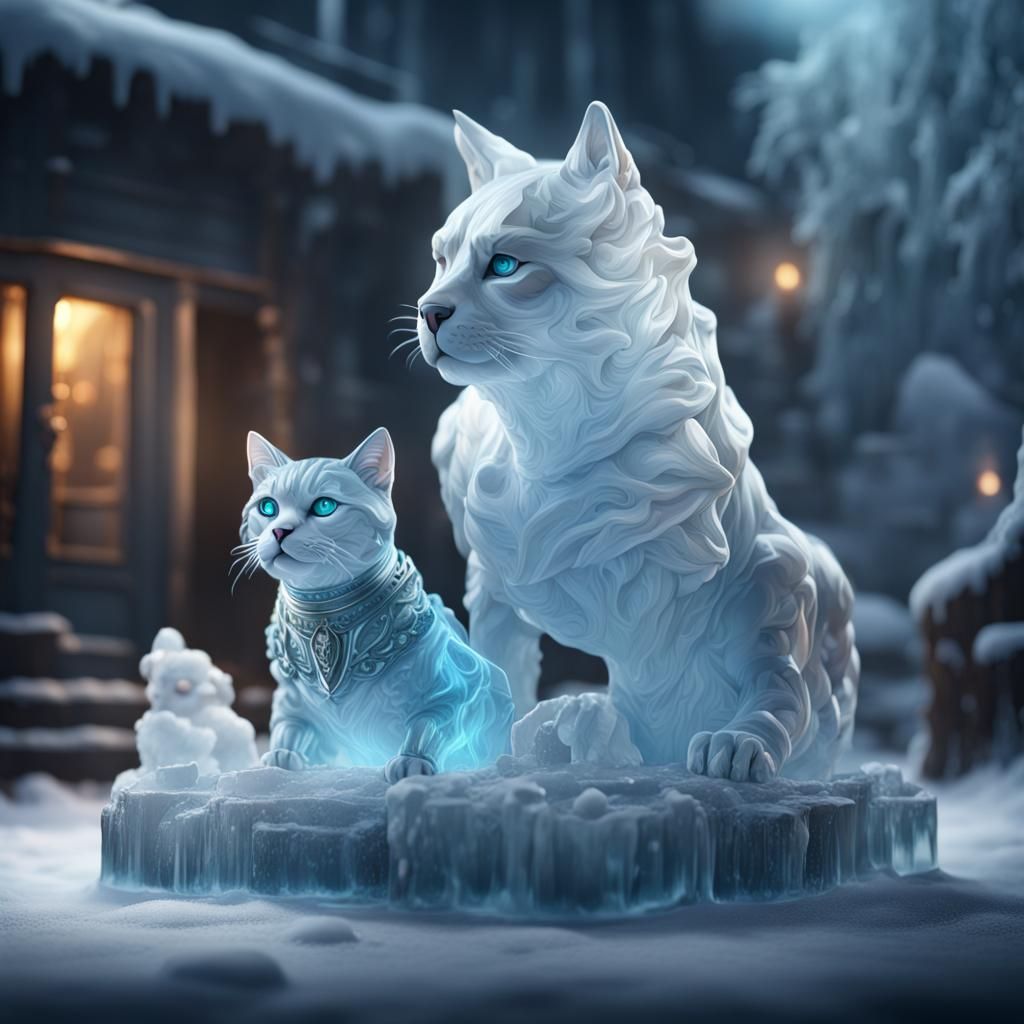 Detailed Ice Sculpture of Cat and Dog