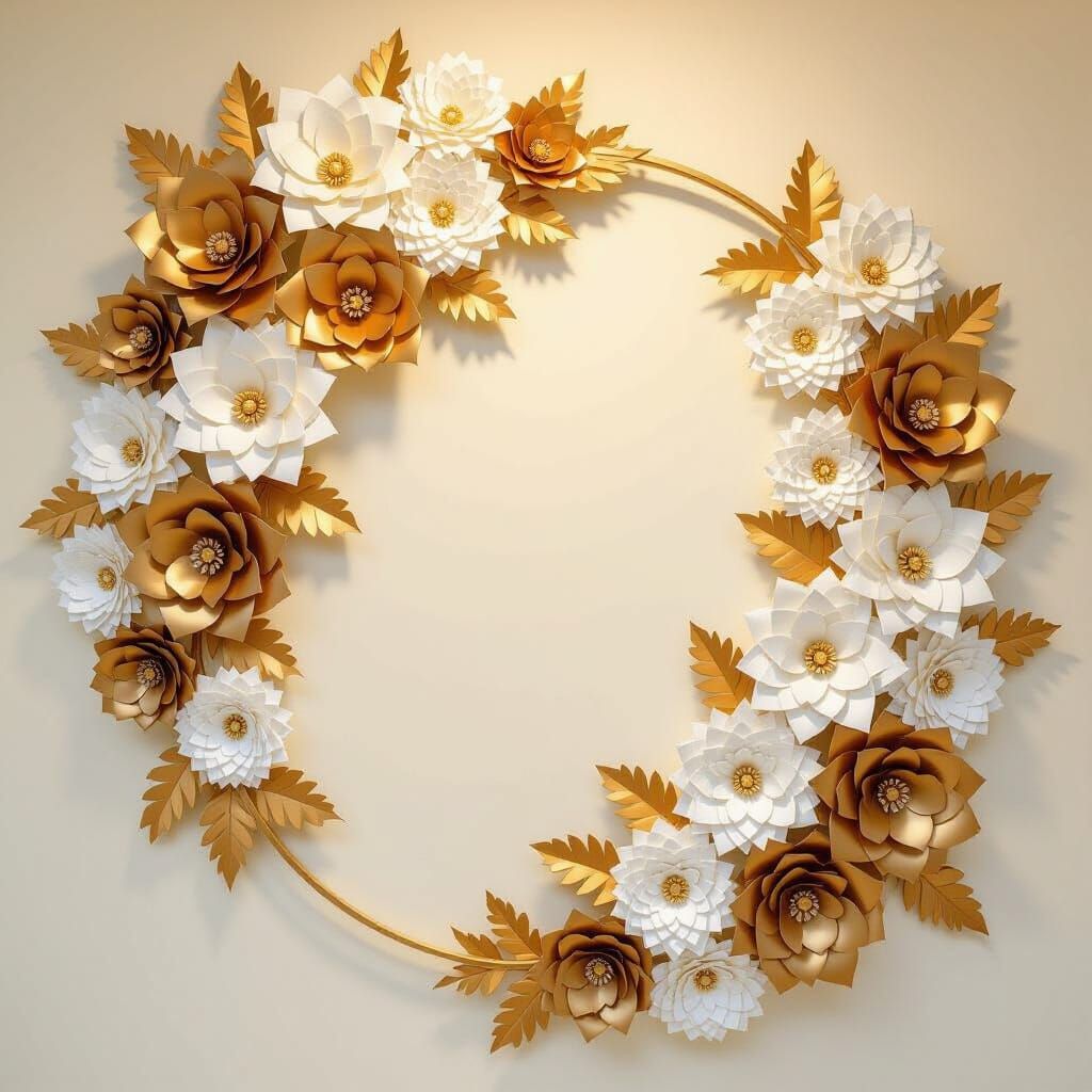 Elegant 3D Paper Flowers & Gold Floral Wall Sculpture Backdr...