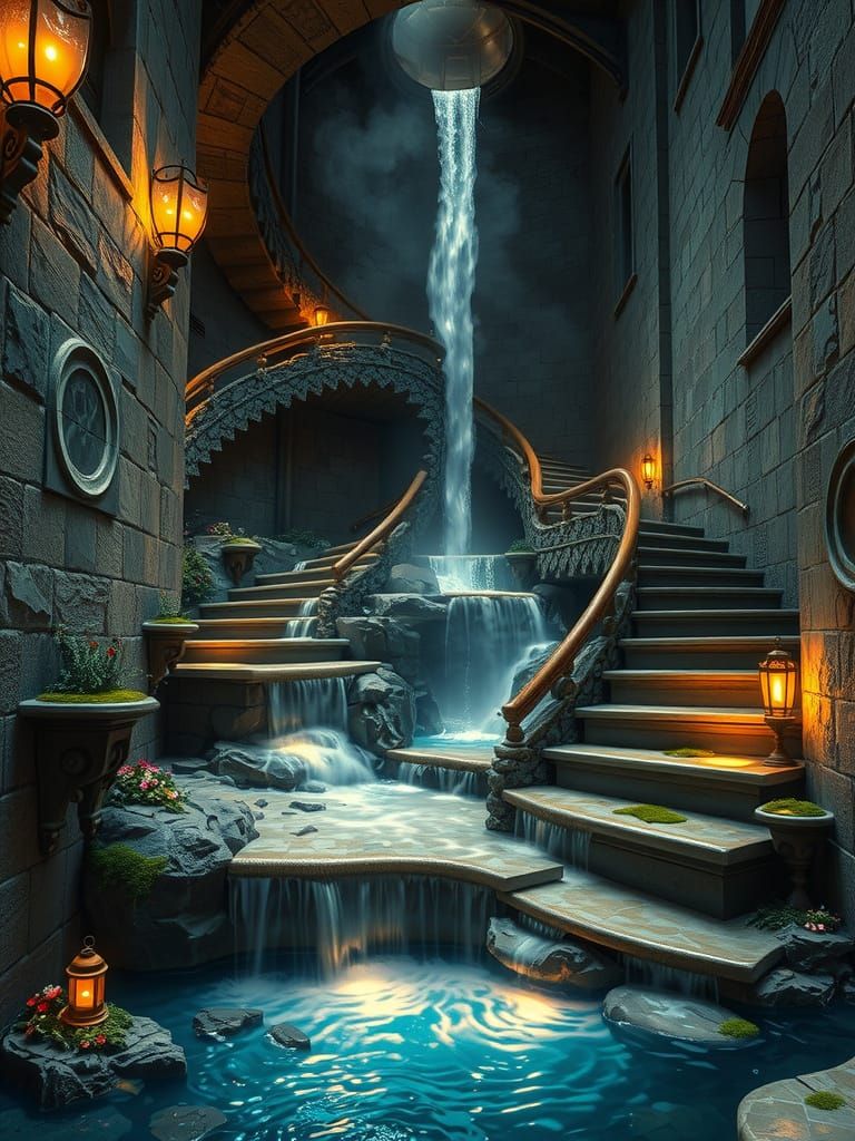 Surreal Waterfall Cascading Down Stone Tower Staircase