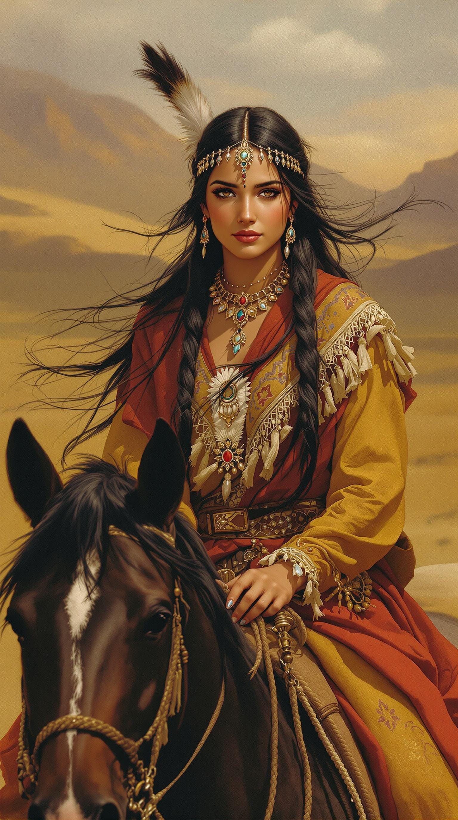 Native American Woman Riding Horse in the Prairie Landscape