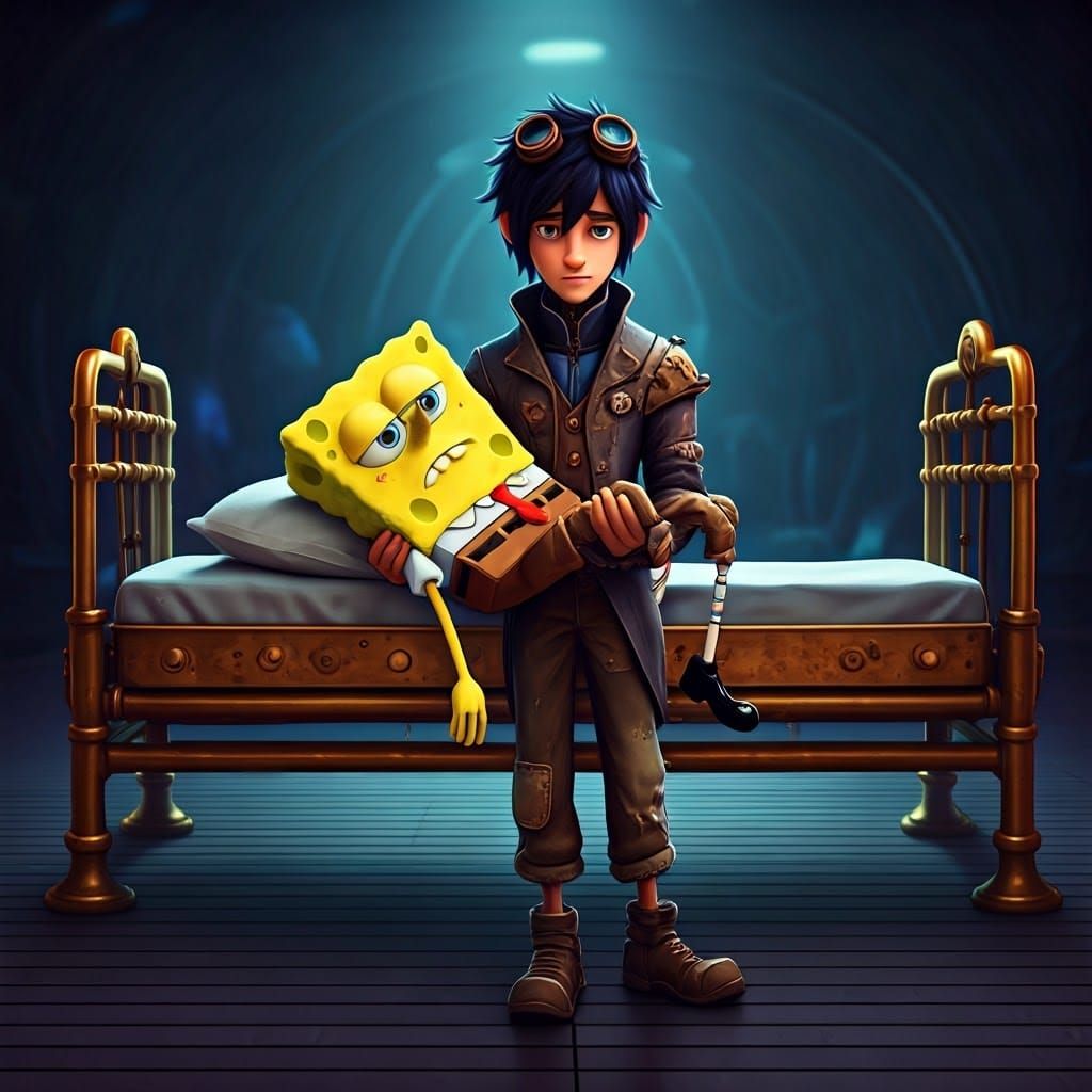 Hiro Carries Exhausted SpongeBob in Steampunk Setting