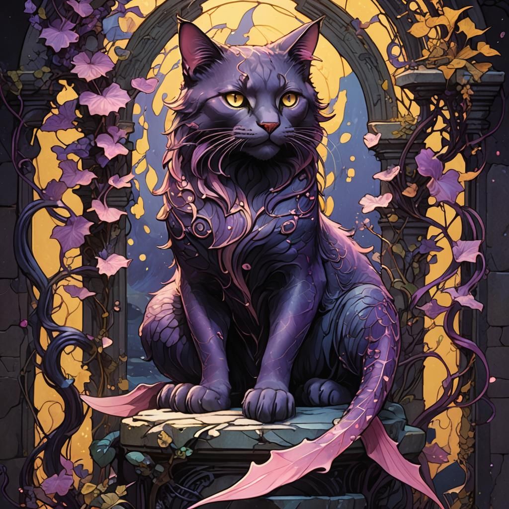 Mystical Feline Mermaid in Dark Fantasy Art Nouveau Style