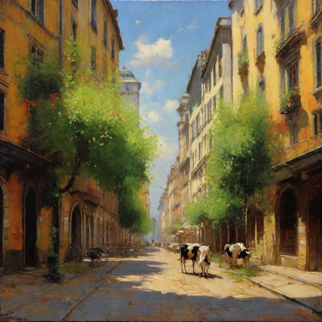 Lyon Reclaimed: Nature's Return in Oil Painting Style