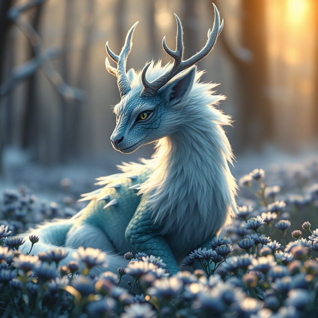 Whimsical Dragon-Cat Amidst Blue Aster Blooms in Winter Fore...