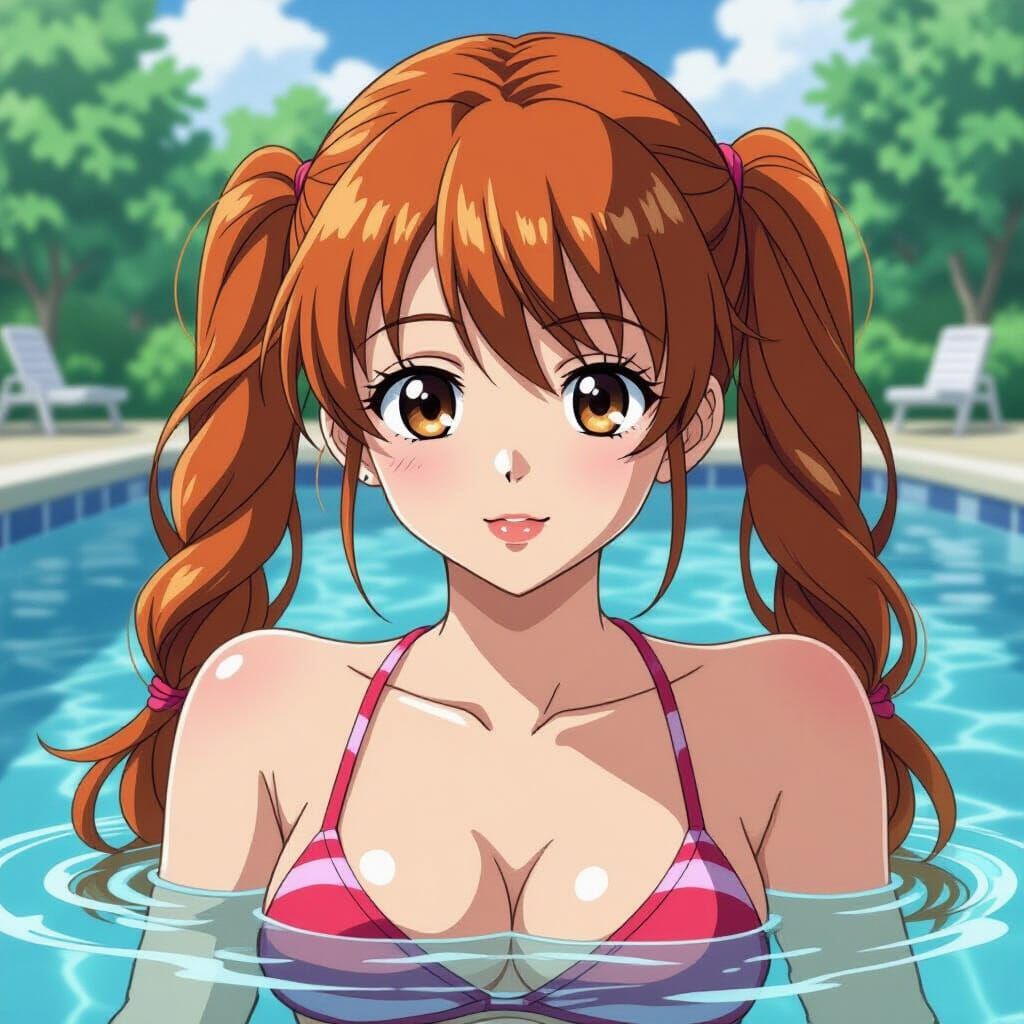 Anime Girl at Poolside in Vibrant Style