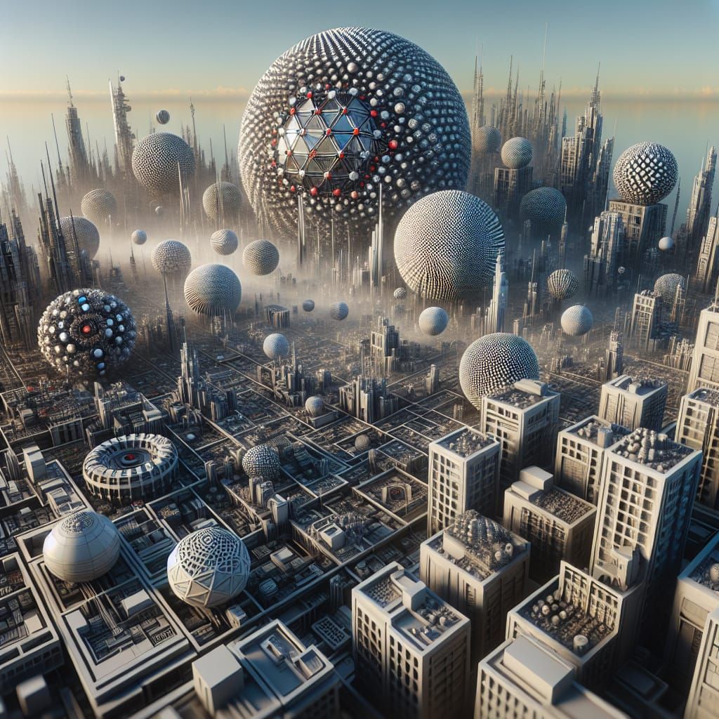 Anarchytecture Cityscape with Geodesic Domes and Quantum Shi...