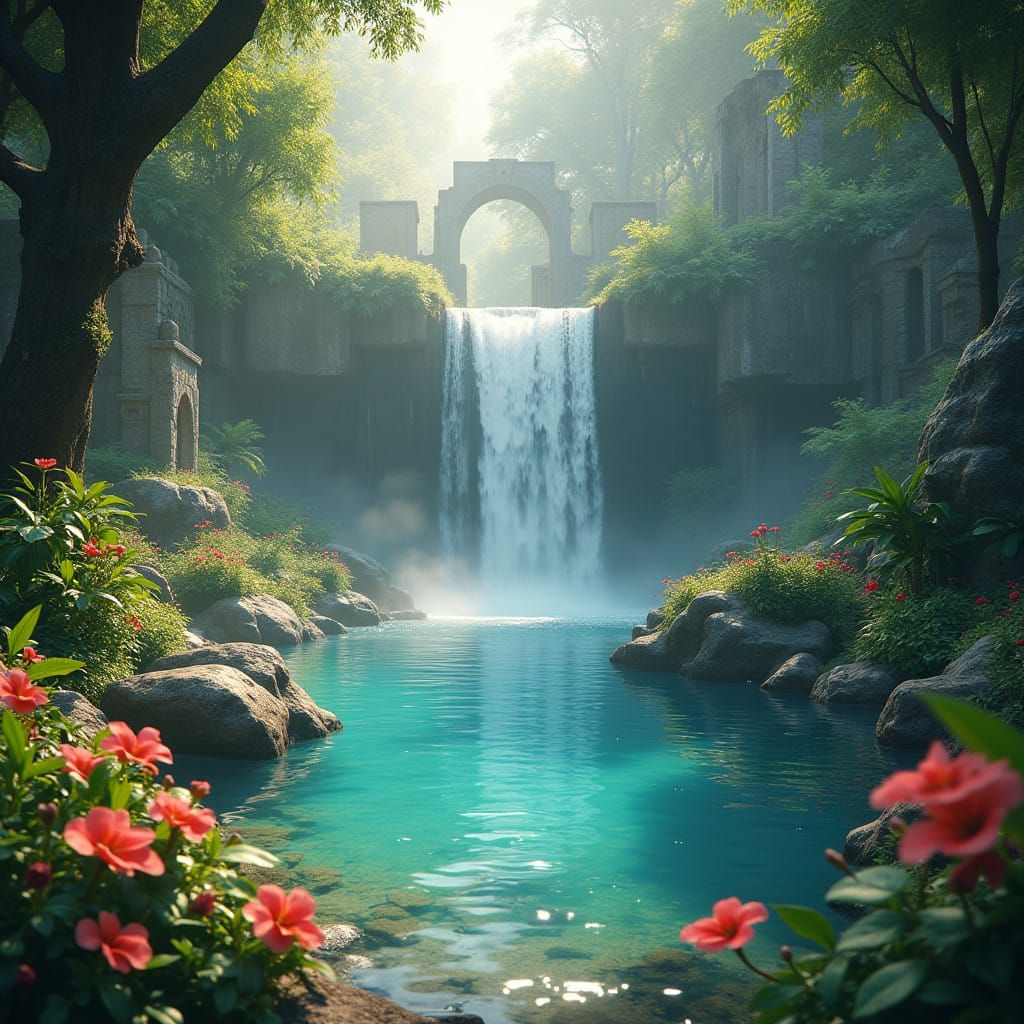 Surreal Waterfall Oasis in Lush Fantasy Realm