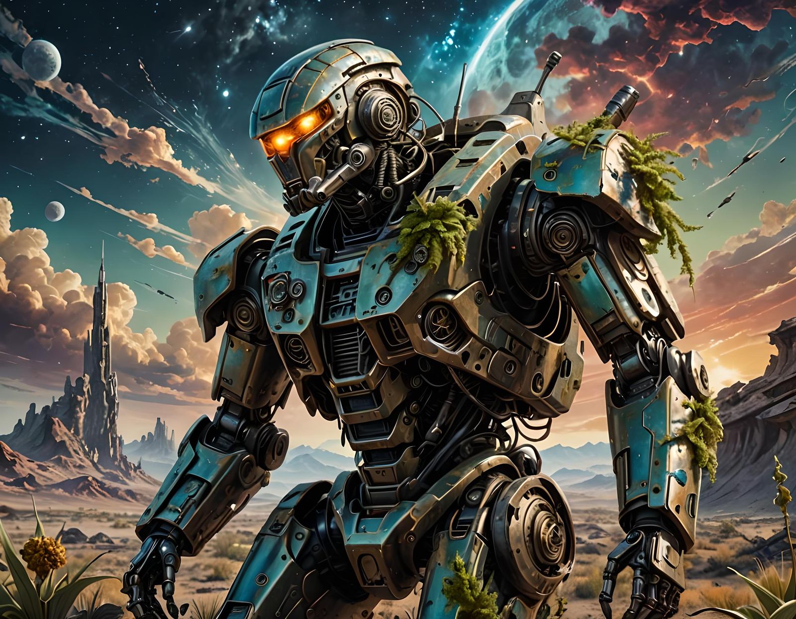 Robot Soldier in Post-Apocalyptic Landscape