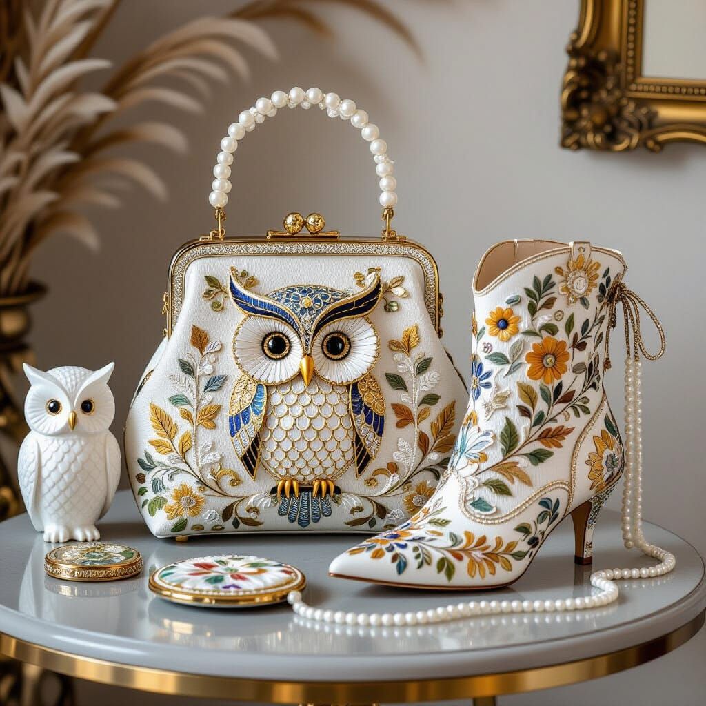 Embroidered Owl Handbag and Boot Vignette in Baroque Style