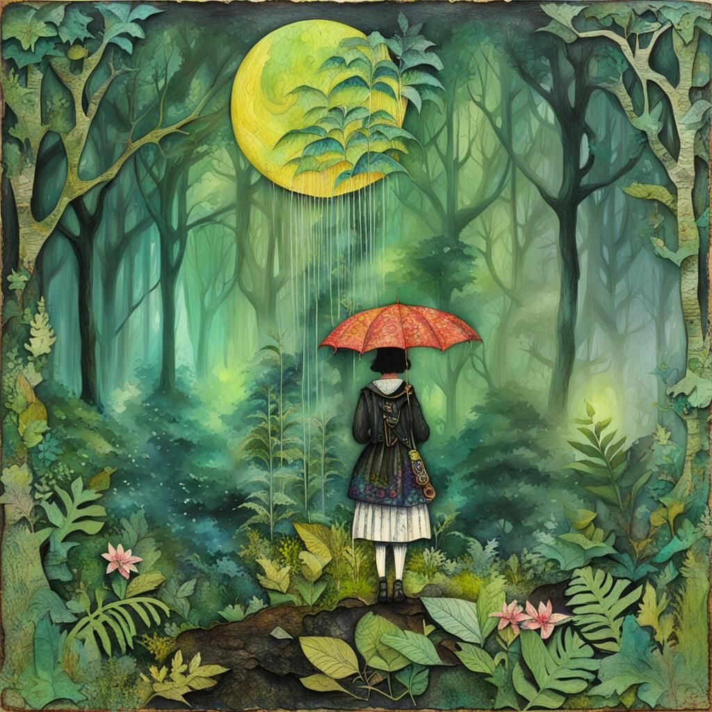 Luminous Gothic Collage: Older Woman in Rainforest
