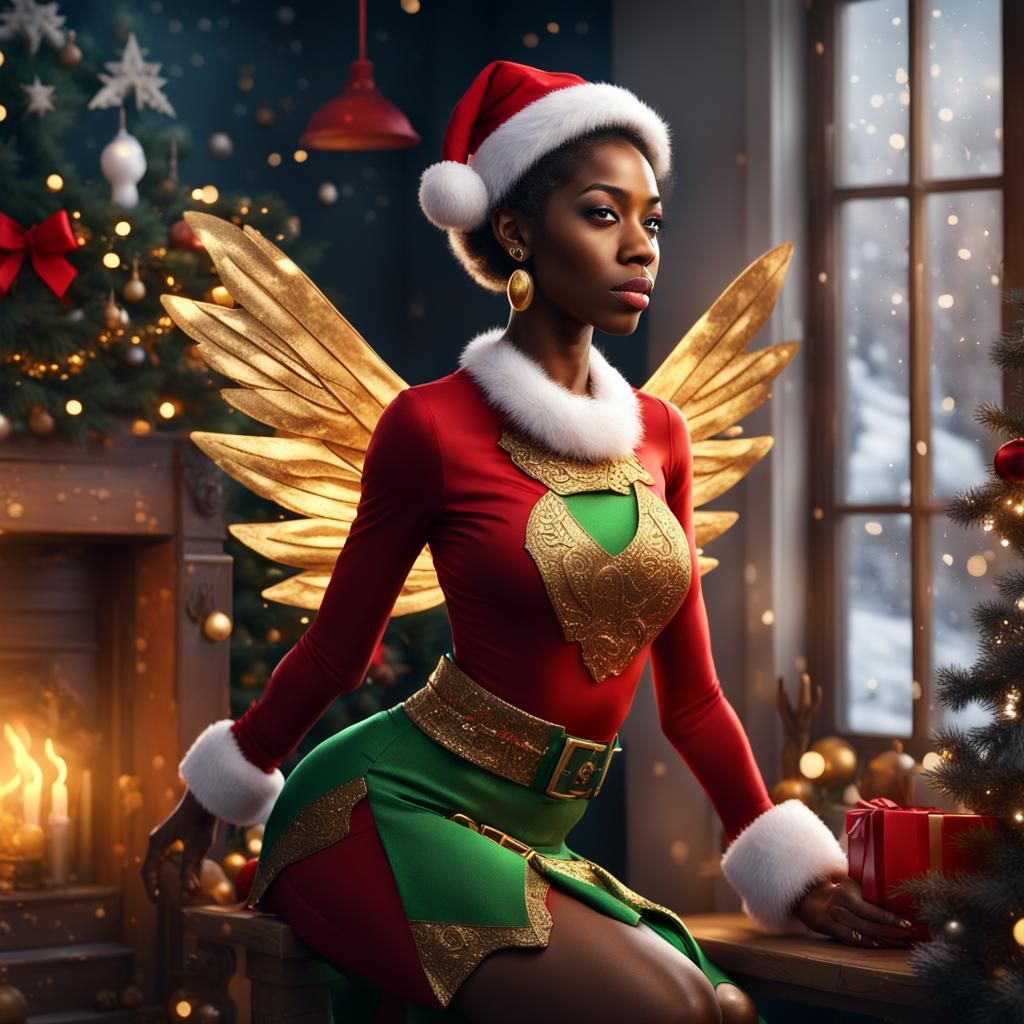 African American Woman as Santa's Elf, Digital Art