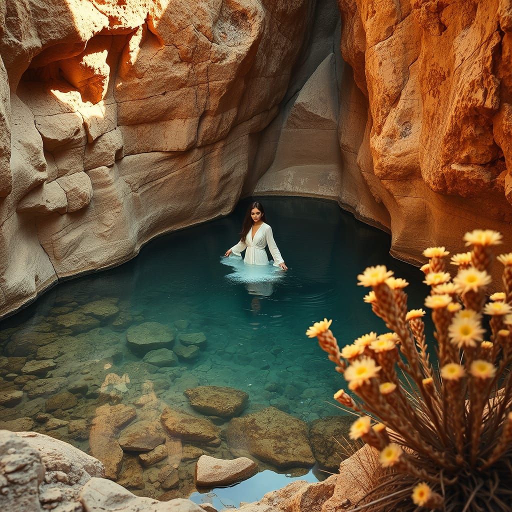 Serene Desert Oasis with Woman in Sunlight